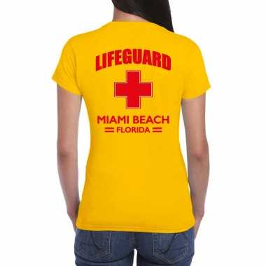 Goedkoop carnavalskleding reddingsbrigade/ lifeguard miami beach florida shirt geel / achter bedrukking dames