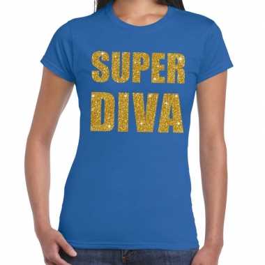 Goedkoop super diva gouden glitter tekst t shirt blauw dames carnaval