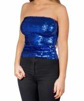 Goedkoop blauwe glitter pailletten disco strapless topje shirt dames carnavalskleding