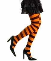 Goedkoop carnavalskleding halloween oranje zwarte heksen panties maillots verkleedaccessoire dames m l