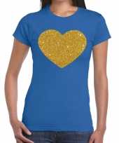 Goedkoop gouden glitter hart t-shirt blauw dames carnavalskleding
