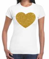 Goedkoop gouden hart glitter tekst t-shirt wit dames carnavalskleding