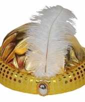 Goedkoop gouden tulband lange witte veer carnavalskleding