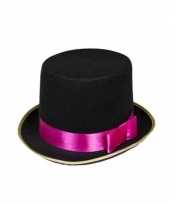 Goedkoop hoge hoed zwart roze rand heren carnavalskleding