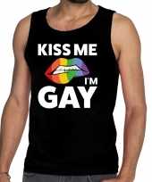 Goedkoop kiss me i am gay tanktop mouwloos shirt zwart heren carnavalskleding