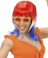 Goedkoop rood wit blauwe fanpruik dames carnavalskleding