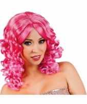 Goedkoop roze glamour damespruik golvend haar carnavalskleding 10047284