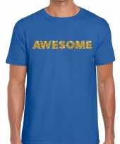 Goedkoop toppers awesome goud glitter tekst t-shirt blauw heren carnavalskleding