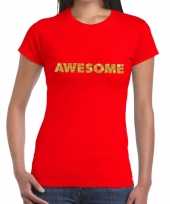 Goedkoop toppers awesome goud glitter tekst t-shirt rood dames carnavalskleding