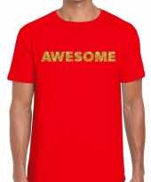 Goedkoop toppers awesome goud glitter tekst t-shirt rood heren carnavalskleding