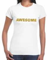 Goedkoop toppers awesome goud glitter tekst t-shirt wit dames carnavalskleding