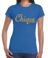 Goedkoop toppers chique goud glitter tekst t-shirt blauw dames carnavalskleding