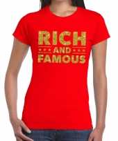 Goedkoop toppers rich and famous goud glitter tekst t-shirt rood dames carnavalskleding