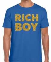 Goedkoop toppers rich boy goud glitter tekst t-shirt blauw heren carnavalskleding