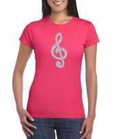 Goedkoop zilveren muziek noot g sleutel muziek feest t-shirt carnavalskleding roze dames